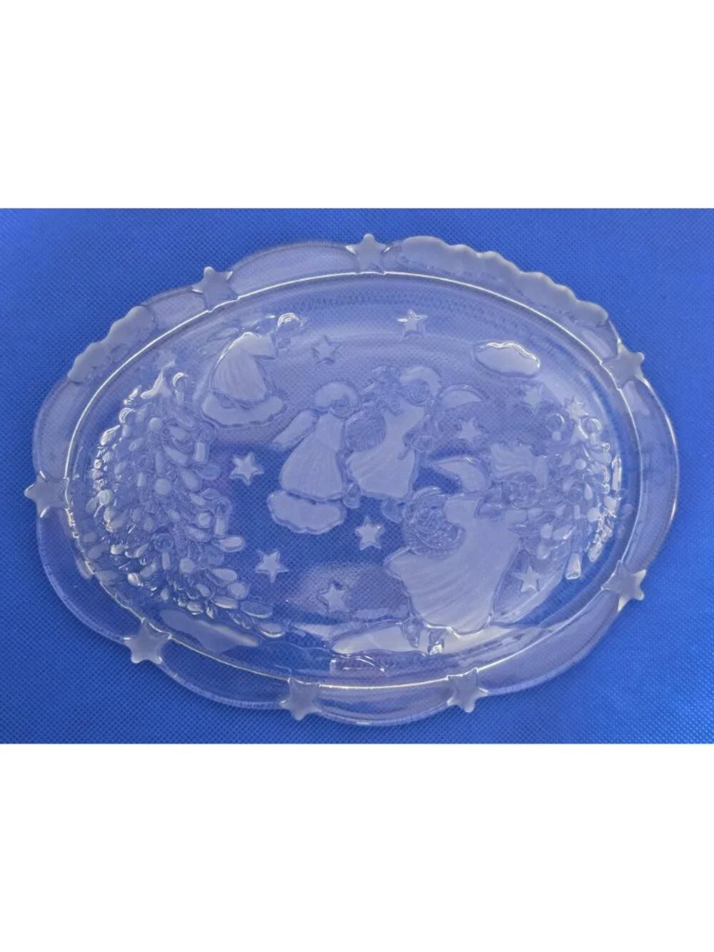 Vintage Frosted Glass Christmas Angel Serving Tray Platter Stars Tree 9